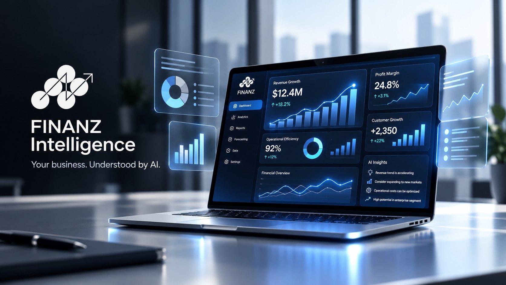 FINANZ Intelligence: a laptop showing a financial dashboard with revenue growth, profit margin and AI insights
